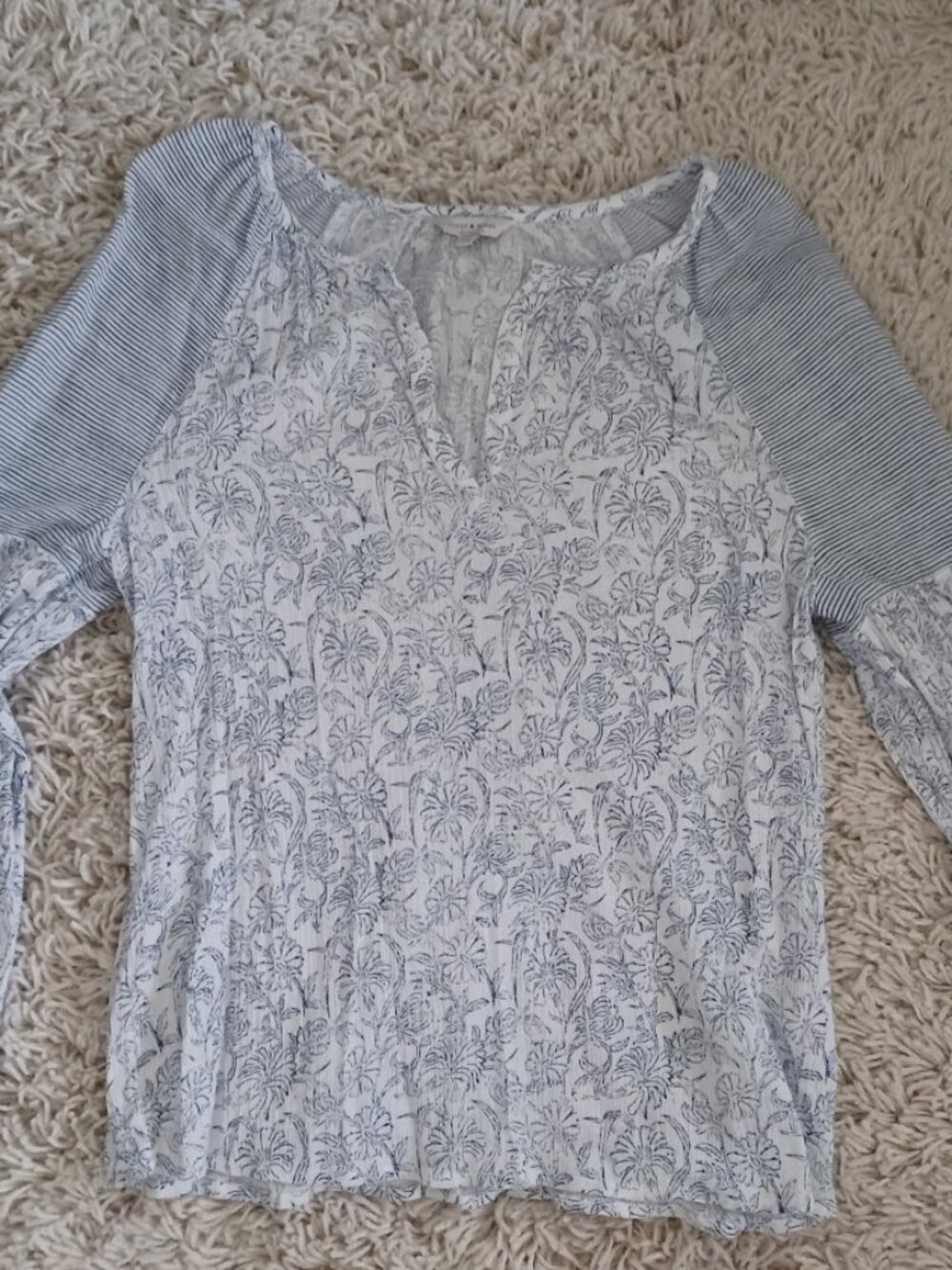 Lucky Brand Womens Medium Boho Peasant Blouse Floral Striped Sleeve Flowy V Neck